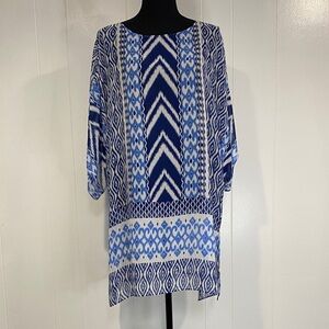 Chico's Blouse Tunic Bohemian Geometric Semi Sheer Blue White Size Large (2)